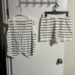 Amazon Women's Sleeveless Striped Button Up Vest and Shorts Set - White & Black